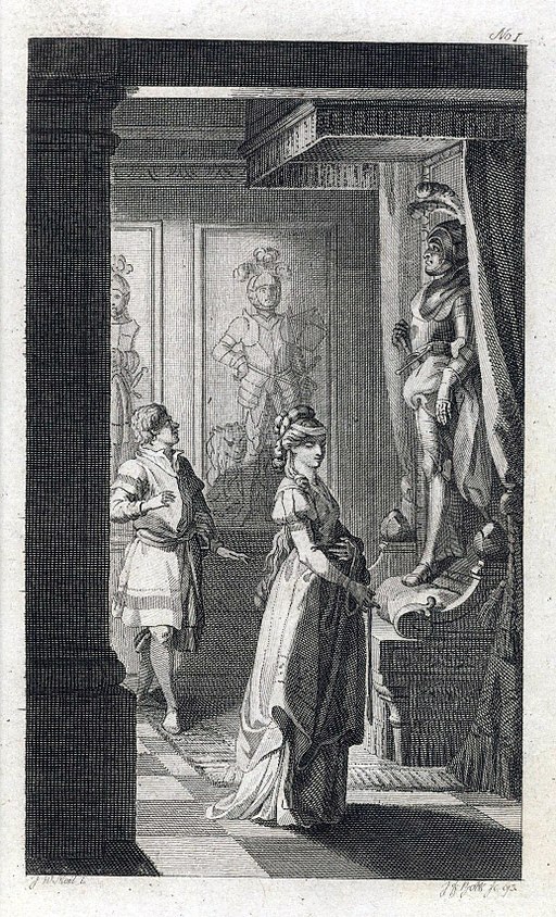 Illustration for Otranto depicts a young woman, perhaps Isabella, in front of a suit of armor with a man who may be Manfred, behind her.