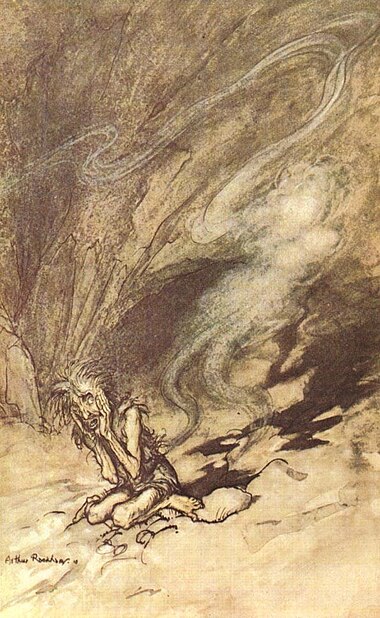 Alberich puts on the Tarnhelm and vanishes; illustration by Arthur Rackham to Richard Wagner's Das Rheingold