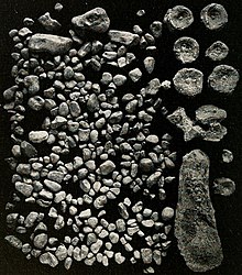 Old picture of bones and stones on a black background