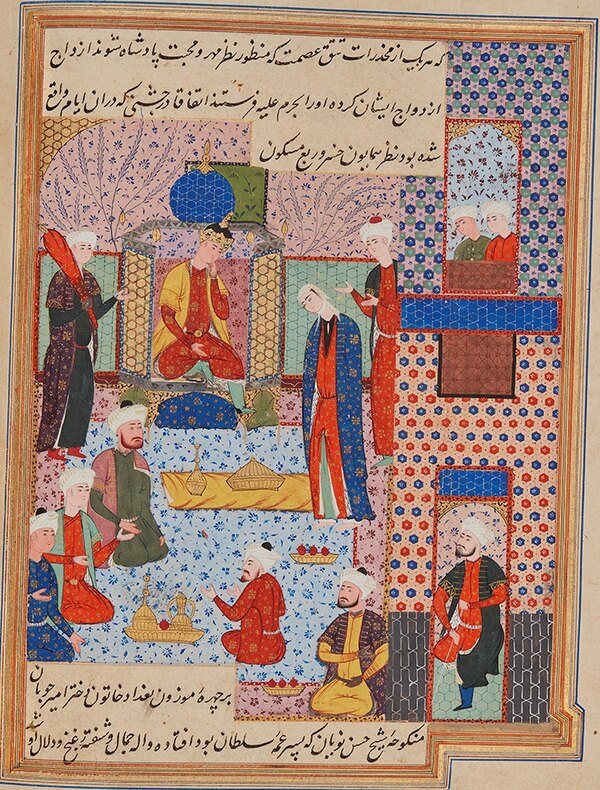 "In the Court of Abu Saʿid". Folio from a manuscript of Nigaristan, Iran, probably Shiraz, dated 1573-74