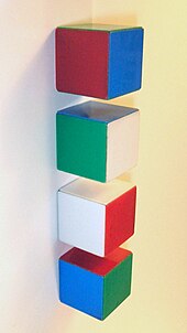 Instant Insanity puzzle in the "solved" configuration. From top to bottom, the colors on the back of the cubes are white, green, blue, and red (left side), and blue, red, green, and white (right side) Instant insanity cubes.jpg