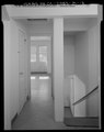 Interior view of 2-story unit located second from east end of Building No. 25, view of staircase and hall on second floor, seen from bathroom door looking toward front bedroom. HABS CA-2783-R-13.tif