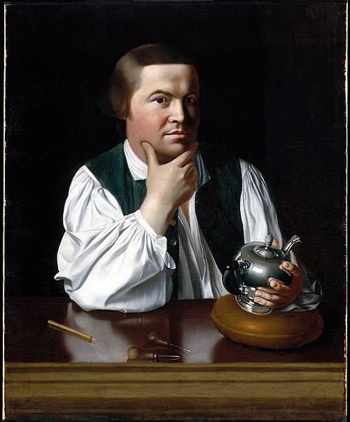 Paul Revere in a shirt gathered at shoulder and cuffs, 1776.