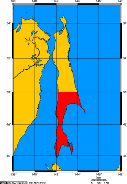 Map of Sakhalin with parallels showing the division at the 50th parallel north with the Karafuto Prefecture highlighted in red