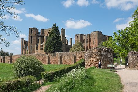 The ruins of Kenilworth Castle from the entrance causeway.