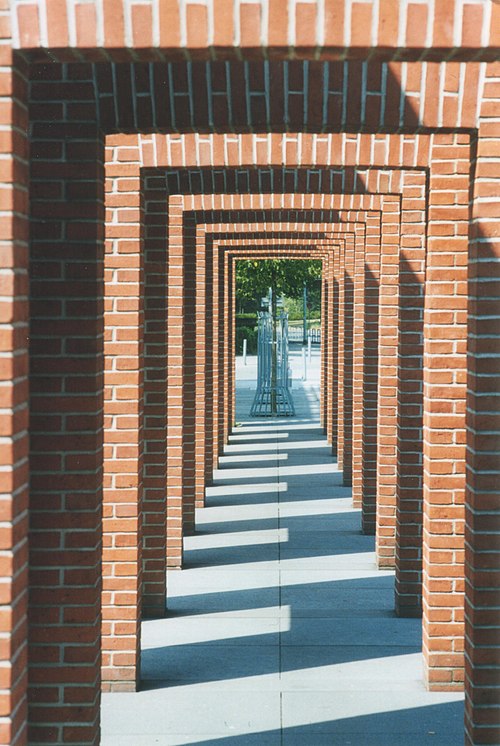 Brick sculpture by Kirkeby in front of German National Library in Frankfurt am Main, Germany