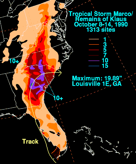 Rainfall in the United States from Tropical Storm Marco and the remnants of Hurricane Klaus