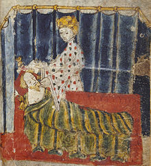 Gawain tempted by Sir Bertilak's wife: an illustration from the manuscript of Gawain and the Green Knight. Several authors of the Alliterative Revival chose to rework Arthurian stories Lady tempt Gawain.jpg