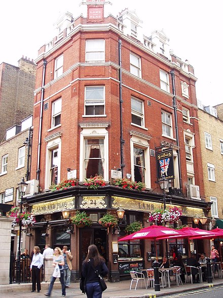 The Lamb and Flag public house on the corner of James Street and Barrett Street Lamb and Flag, Marylebone, W1 (2711890358).jpg