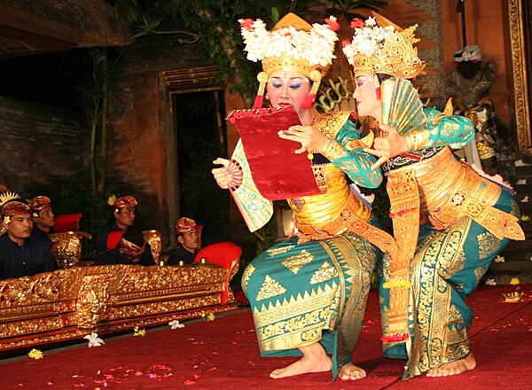 Legong Keraton Dance performance with Gamelan ensemble in Puri Saren Ubud, Bali, Indonesia
