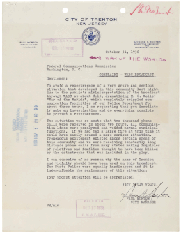 Letter of complaint about the broadcast from the city manager of Trenton, New Jersey, to the Federal Communications Commission (October 31, 1938) Letter from Paul Morton - NARA - 596224 (page 1).gif