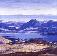 Landscape painting depicting Loch Maree painted by Sir David Young Cameon, c.1900-1924
