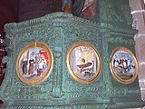 More scenes from the life and death of St Ronan on the Locronan pulpit. The discovery of his daughter, hidden in a chest is shown in the first picture. The dragging of his body to Locronan is in the third picture.