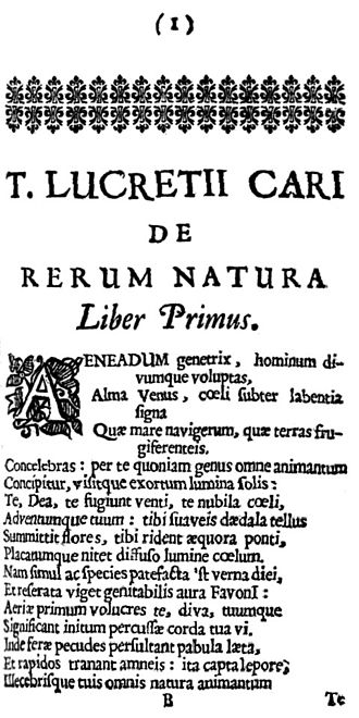 Page 1 Chapter 1 of De Rerum Natura, 1675, dedicating the poem to Alma Venus Lucretius De Rerum Natura 1675 page 1.jpg