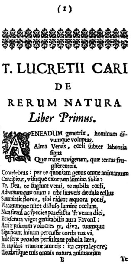 Page 1 Chapter 1 of De Rerum Natura, 1675, dedicating the poem to Alma Venus