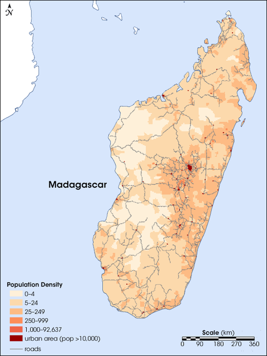 Bevolkingsdichtheid Madagaskar in 2004