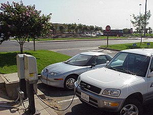 Magne Charge stations in California with a silver General Motors EV1 and white Toyota RAV4 EV Magne Chargers.jpg
