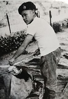 An Iban headhunter wearing a Royal Marines cap, prepares human scalps above baskets overflowing with human body parts during the Malayan Emergency Malayan Emergency Iban headhunter.jpg