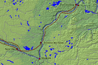 Location of Traverse des Sioux in south central Minnesota. The Minnesota River enters from the west, flows southeasterly to Mankato, where it takes a right-angle turn to the north-northeast, passing Traverse des Sioux. The West Plains Trail initially parallels the river, but at New Ulm it crosses east to Traverse des Sioux, where it rejoins and follows the river northeast to its confluence with the Mississippi at Mendota near Saint Paul. Map, Traverse des Sioux.GIF