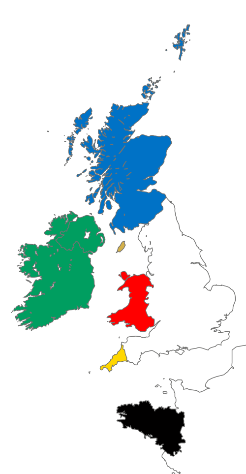 The Celtic nations, where Celtic languages are spoken today, or were spoken into the modern era:   Ireland (Irish)   Scotland (Scottish Gaelic)   Isle of Man (Manx)   Wales (Welsh)   Cornwall (Cornish)   Brittany (Breton)