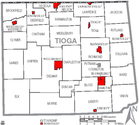 Map of Tioga County, Pennsylvania with Municipal Labels showing Boroughs (red) and Townships (white). Map of Tioga County Pennsylvania With Municipal and Township Labels.png
