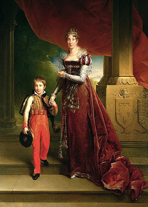 Ferdinand Philippe with his mother in 1819. His parents' coats of arms can be seen on the column. Painting by Louis Joseph Noyal after François Gérard