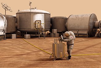 An astronaut fixing machine on Mars and another heading back to the base