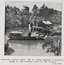 Northern Steamship Company's ss Kotiki (1898–1931)[36] at Matakana Wharf in 1909. A passenger service from Auckland continued until 1938[37] and cargo until 1945.[38] A sightseeing cruise now operates from the wharf[39]