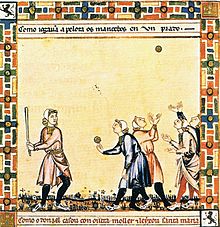 A game from the Cantigas de Santa Maria, c. 1280, involving tossing a ball, hitting it with a stick and competing with others to catch it Medieval baseball (El juego de la Pelota) in the Cantigas de Santa Maria.jpg