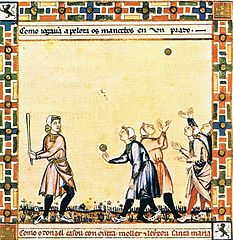 Image 6A game from the Cantigas de Santa Maria, c. 1280, involving tossing a ball, hitting it with a stick and competing with others to catch it (from History of baseball)