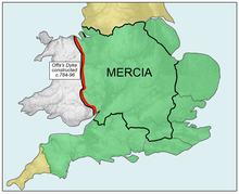 The extent of Mercia during the Mercian Supremacy, showing the line of Offa's Dyke (red) Mercian Supremacy x 4 alt.png