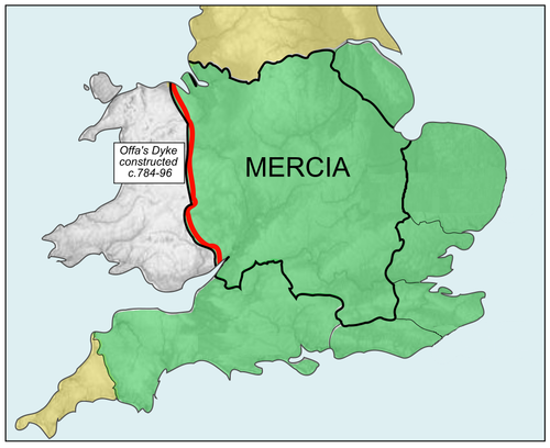 麥西亞王國（黑線內）與麥西亞霸權的統治範圍（綠色區域）