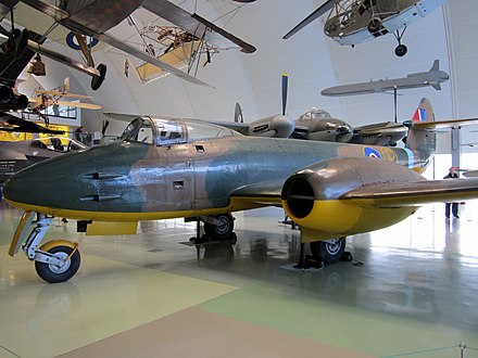 Prototype Meteor DG202/G on display at the Royal Air Force Museum London in 2011. The "/G" appended to the aircraft serial denoted that the aircraft was to have an armed guard at all times while it was on the ground.