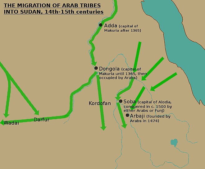 Map showing the late medieval migration of Arabs into Sudan
