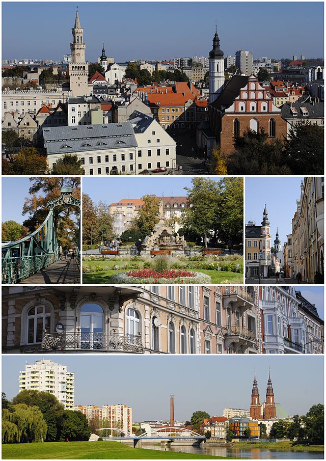 Do topo: Cidade Velha, ponte Groszowy, praça Ignacy Daszyński, igreja de Nossa Senhora das Dores e Santo Adalberto, edifícios na rua 1 de maio, ponte Piasta