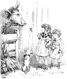 an ink drawing of two children and a small dog feeding straw to a cow