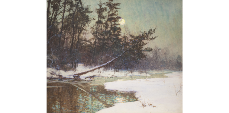 Moonrise Over a Snowy Landscape, late 19th Century watercolor, gouache, and crayon on paper laid down on board.