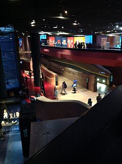 The main galleries and the mezzanine of the museum, connected by a winding ramp