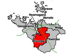 Местоположение на район Misungwi в района на Mwanza. Магистралните пътища в зелено.