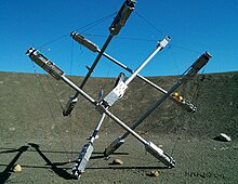 NASA's Super Ball Bot is an early prototype to land on another planet without an airbag, and then be mobile to explore. The tensegrity structure provides structural compliance absorbing landing impact forces and motion is applied by changing cable lengths, 2014. NASA SUPERball Tensegrity Lander Prototype.jpg