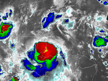 An infrared satellite image of Hurricane Nana at peak intensity making landfall in Belize on September 3, 2020.