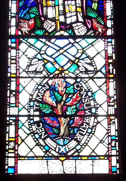 Stained glass showing the burning bush and the motto "nec tamen consumebatur", St. Mungo's Cathedral, Glasgow.