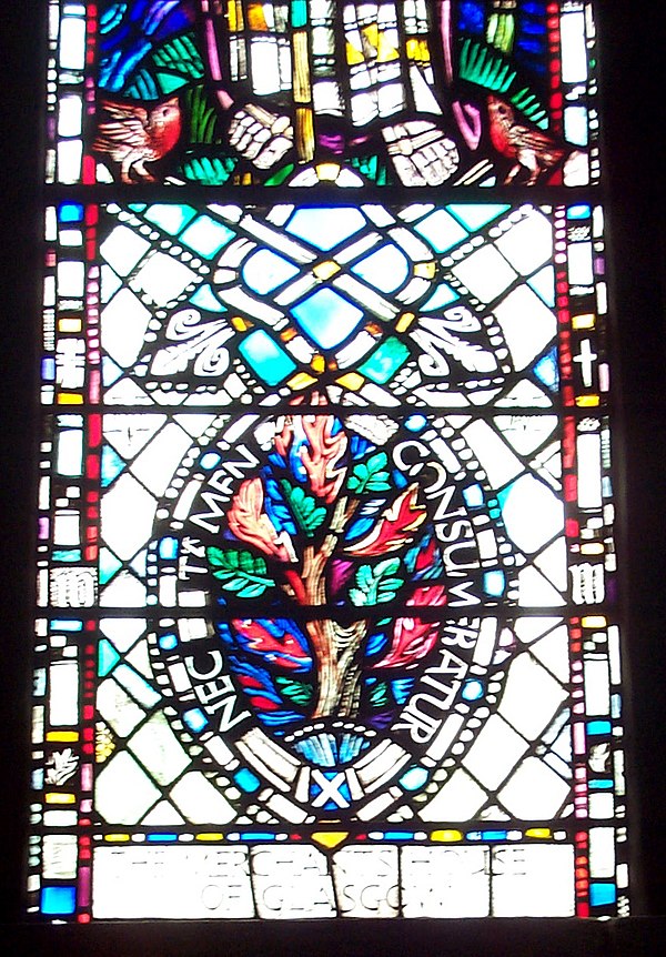 Stained glass showing the burning bush and the motto "nec tamen consumebatur", St. Mungo's Cathedral, Glasgow.