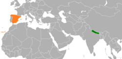 Карта, показваща местоположенията на Непал и Испания