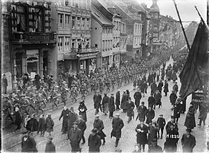 New Zealand troops marching through a city near the Rhine after the Armistice (21502021190).jpg