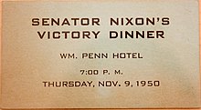 Ticket to a victory dinner for Richard Nixon at the Wm. Penn Hotel Nixon victory dinner ticket.jpg