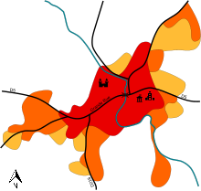 Carte en couleur représentant les étapes de développement du bâti du village de Noironte.