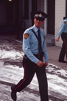 A First Nations constable employed by the Shoal Lake 40 First Nation Police, an OPP-administered First Nations police service. The Shoal Lake Police would later be amalgamated into the self-administered Treaty Three Police Service. OPP Dec 1978 Police training 06.jpg