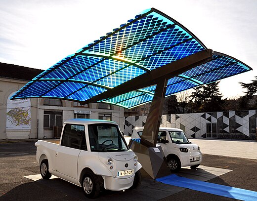 Charging station in France that provides energy for electric cars using solar energy