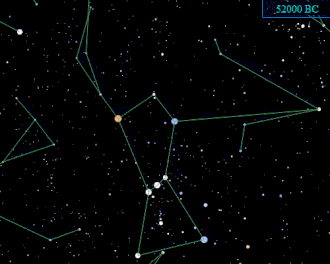 Animation showing Orion's proper motion from 50000 BC to 50000 AD. Pi3 Orionis moves the most rapidly. OrionProper.gif